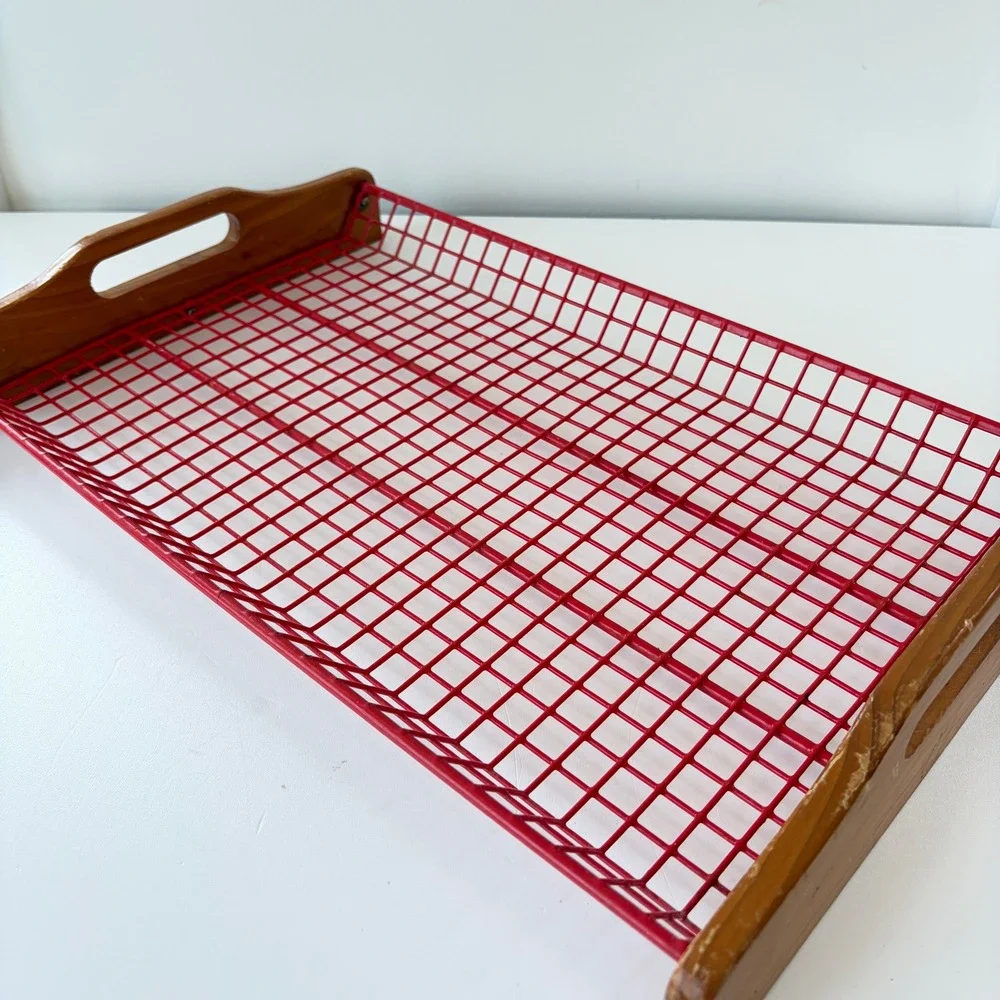 Vintage Red Wire Mesh Serving Tray Wooden Handles MCM Industrial Retro Grid